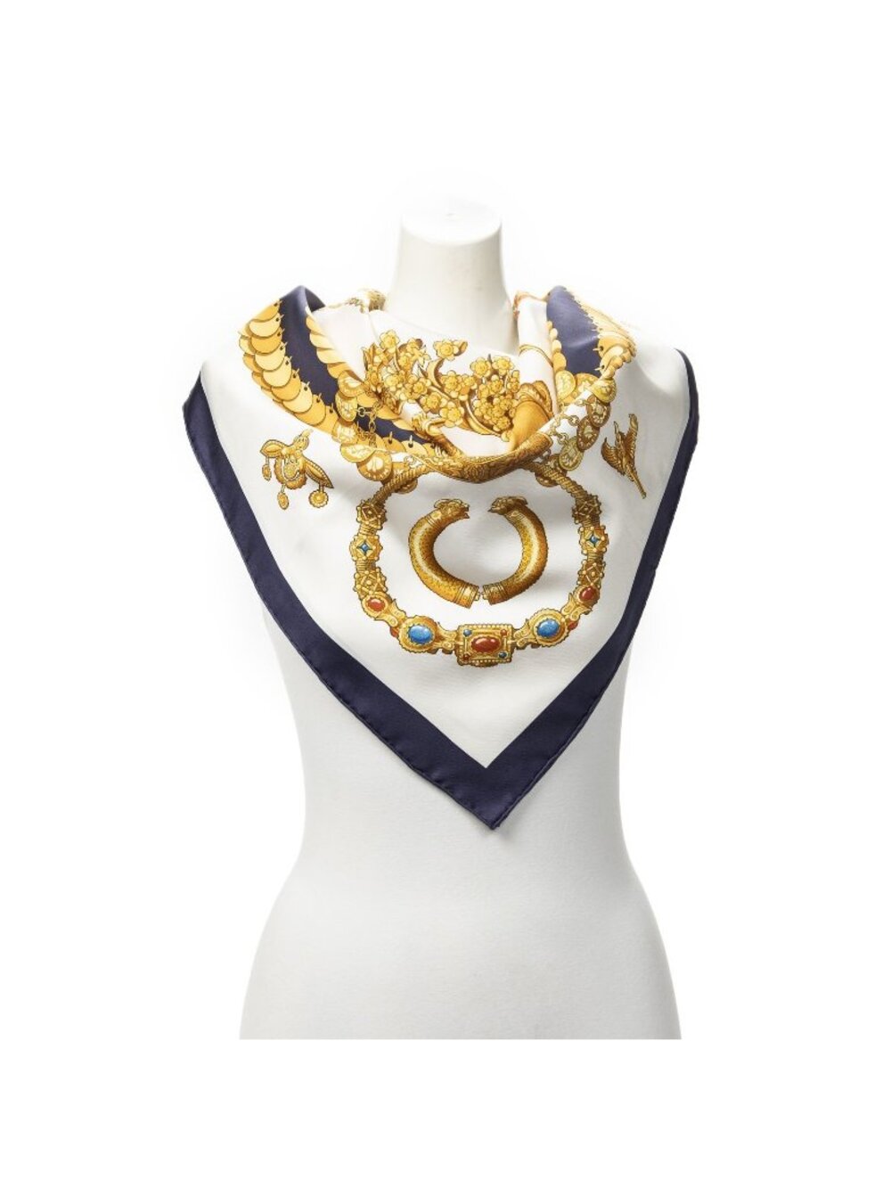 Hermes Scarf Navy Gold White Twill Silk